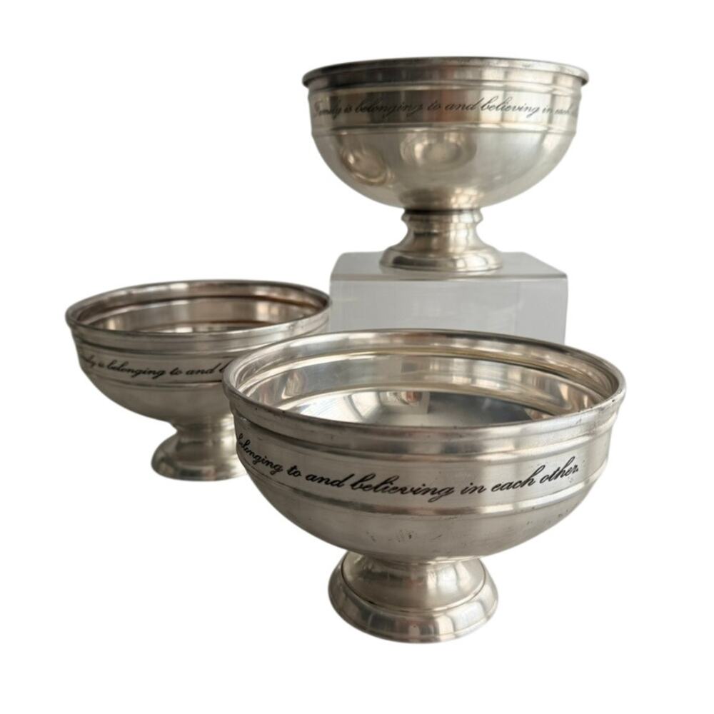 Pottery Barn Silverplate "Family is Belonging" Footed Bowl Set 3 Decor *Retired